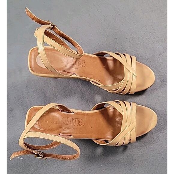 VTG Socialites Leather Strappy Heels 🌙 Wood Sole Boho Festival Vibes Size 6N - Picture 2 of 6